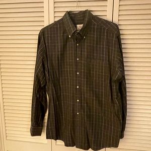 Men’s. Dress shirt. XL. Viyella. Green with gold and cream check. Button collar.